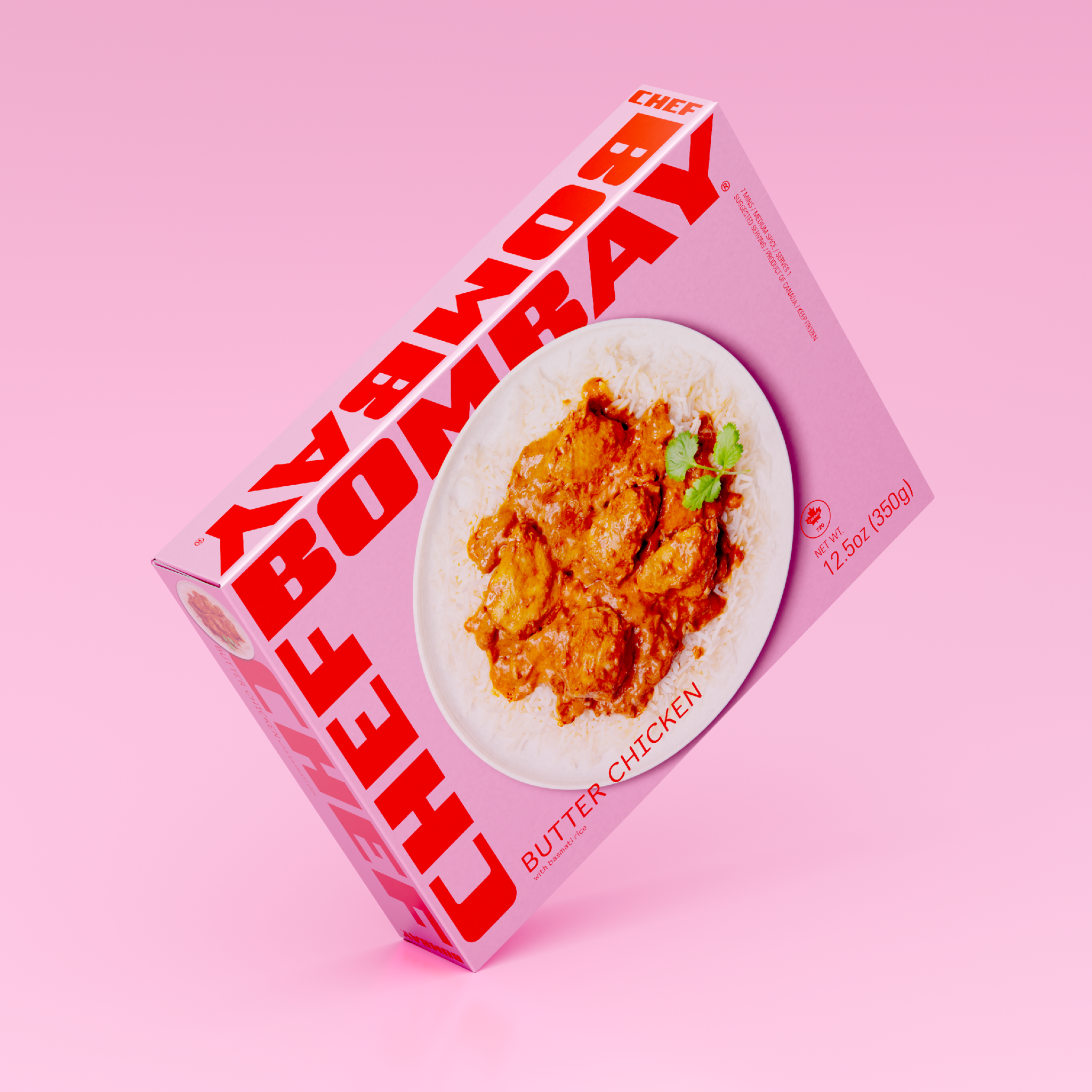 Chef Bombay Butter Chicken box on a pink background