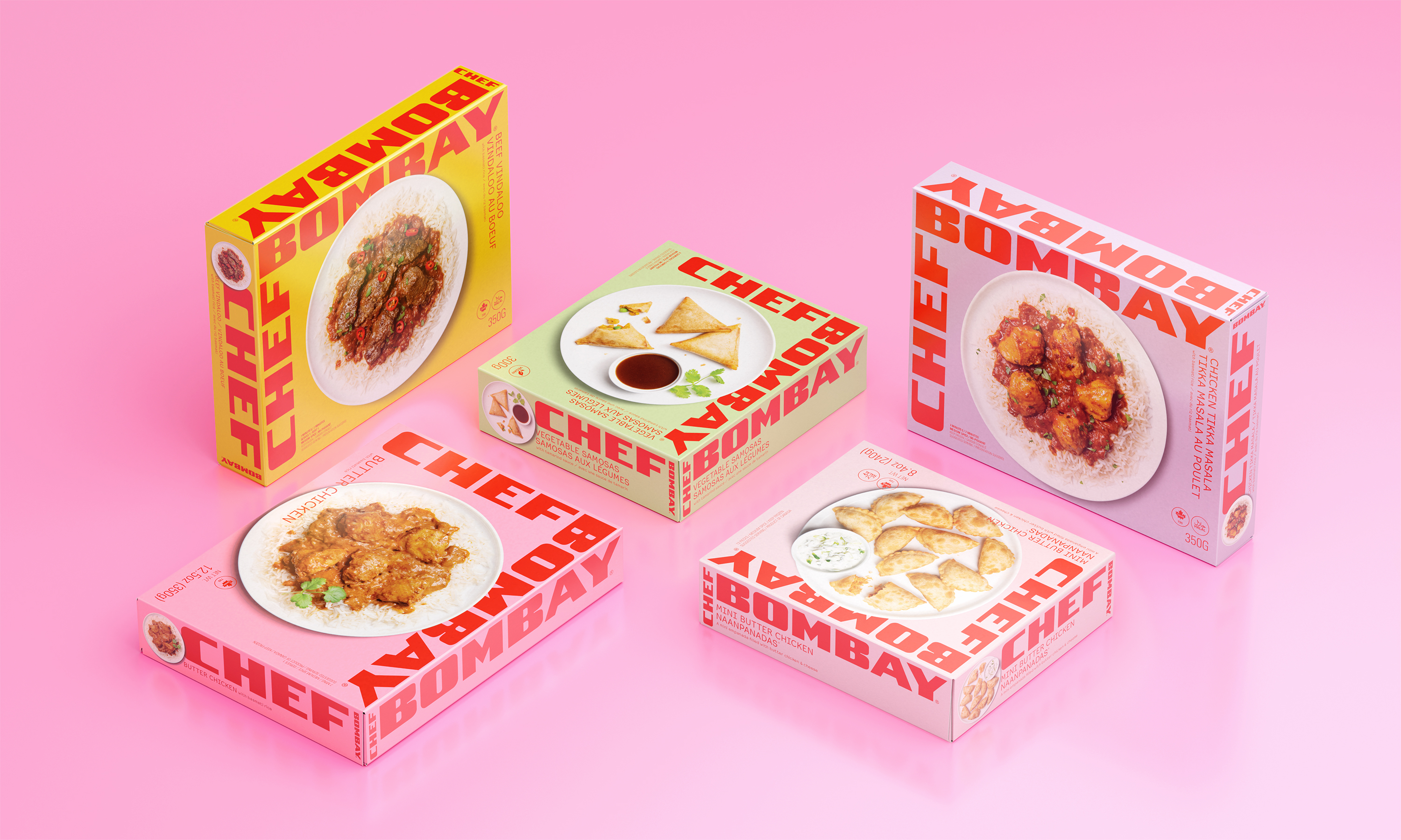 Selection of Chef Bombay boxes on a pink background